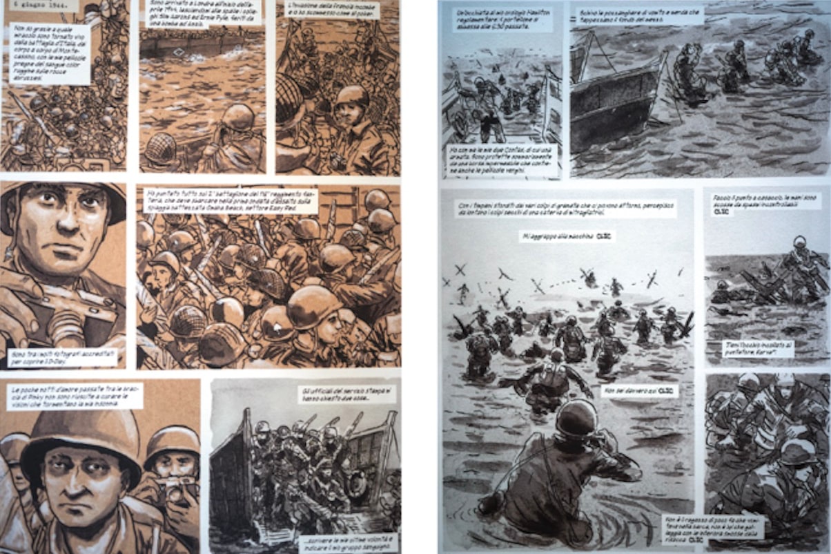 tavole della graphic novel su Robert Capa, con scene dalla seconda guerra mondiale