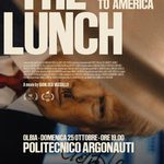 locandina del film The Lunch, di Gianluca Vassallo, con un poster di Trump di lato con uno scarabocchio a formare dei baffi familiari