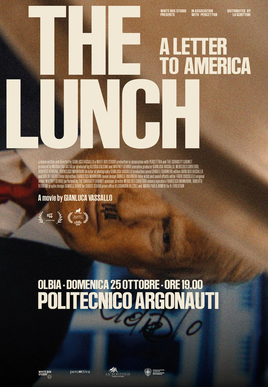 locandina del film The Lunch, di Gianluca Vassallo, con un poster di Trump di lato con uno scarabocchio a formare dei baffi familiari